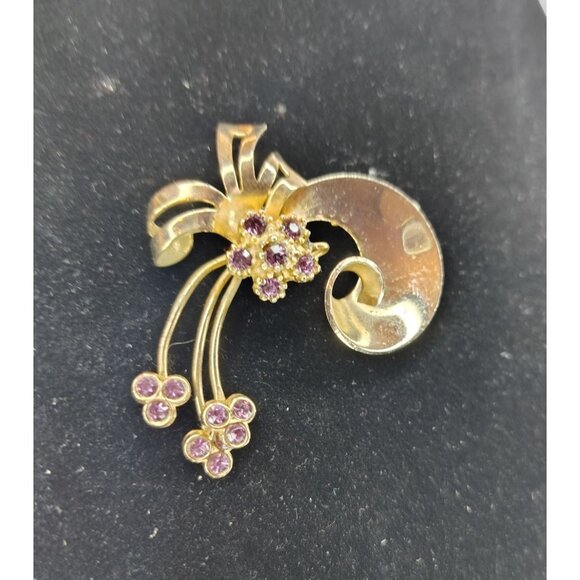 Vintage Purple Rhinestone & Gold Tone Pin Brooch, Art Deco Retro Style Flower - Picture 5 of 5